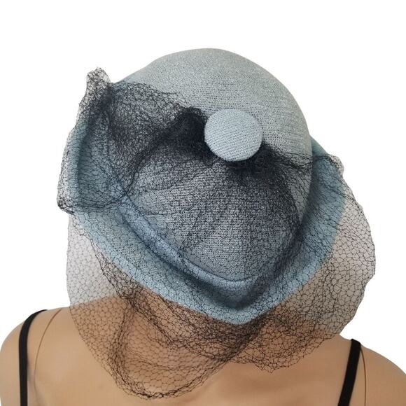 1940s Pointed Blue Hat with Long Black Veil Turned Up Brim Size 7 1/2 VINTAGE - Picture 3 of 6